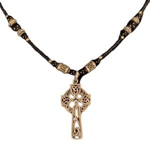 Vintage Sterling Silver Cut Out Irish Celtic Knot Cross Black Beaded Necklace